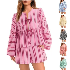 Imily Bela  Womens 2 Piece Outfits Tie Front Peplum Tops Shorts Sets Striped Puff Long Sleeve Blouse Y2K Lounge Set