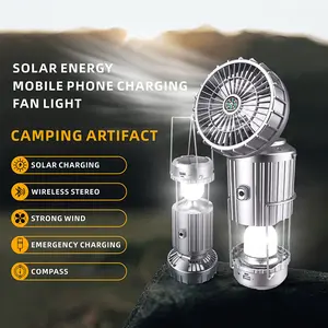 LED light rechargeable fan, picnic fishing portable fan, power outage mobile USB charging, solar fan with speaker, hook, emergency camping essentials