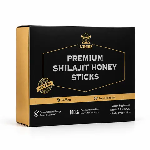 LOHRIZ Premium Shilajit Honey Blend Edible Herbal Supplement - Natural Ginseng, Maca, Black Ginger, 20g Single Sachets for Adults, Energy Boost, Dietary Support with Botanical Extracts & Minerals