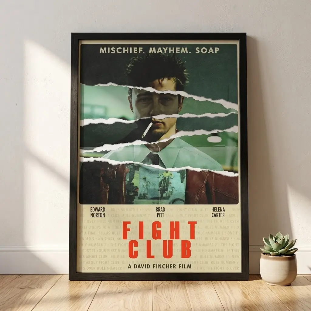 Fight Club Movie Poster, Vintage Film Wall Art Print, David Fincher Classic Cinema Decor, Cult Movie Poster, Home Theater Art, No Frame