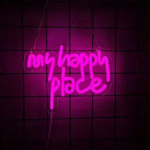 My Happy Place Neon Sign LED Light up My Happy Place Sign for Wall Decor Pink Neon Lights Neon Letters Room Aesthetic Accessory,USB Powered,Easy to Install.