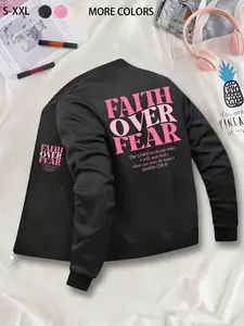 Faith Over Fear Printed Graphic Jacket - Loose Casual Coat, Affordable Fitted Jacket for Budget-Conscious Shoppers, Stylish Low-Price Outerwear Jacket
