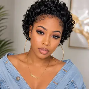 MeltLuxe 6 Inch Short Curly Pixie Human Hair Lace Front Wig, 13x1 HD Transparent Lace Frontal Natural Black