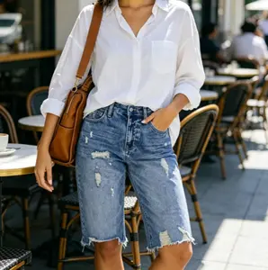 Women's Mid-Rise Roll-Cuff Casual Fit Bermuda Stretch Denim Jean Shorts