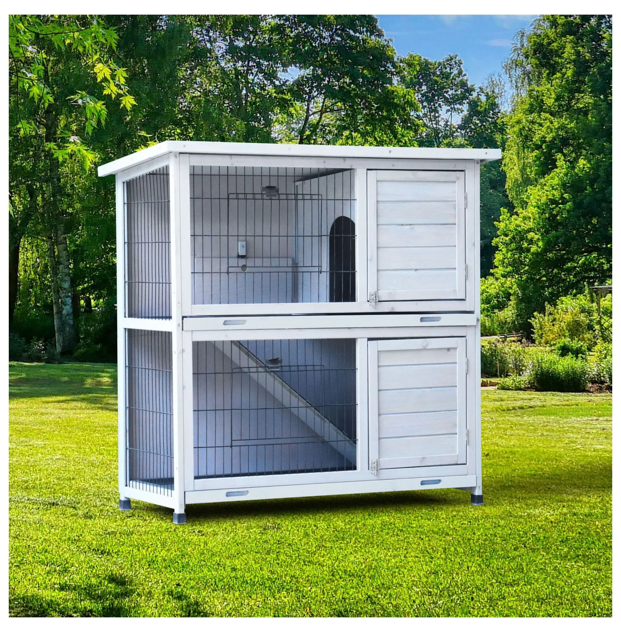 Gray 2-Story Rabbit Hutch with Run and Trays, Indoor and Outdoor Pet Rabbit House, Two-Story