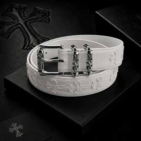 Roller Belt with Pebbled Pattern Unisex Fashion Featuring Colorful Crosses and Detailed Buckles