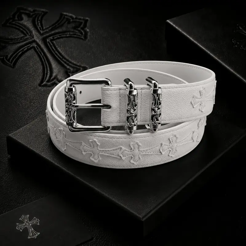 Roller Belt with Pebbled Pattern Unisex Fashion Featuring Colorful Crosses and Detailed Buckles
