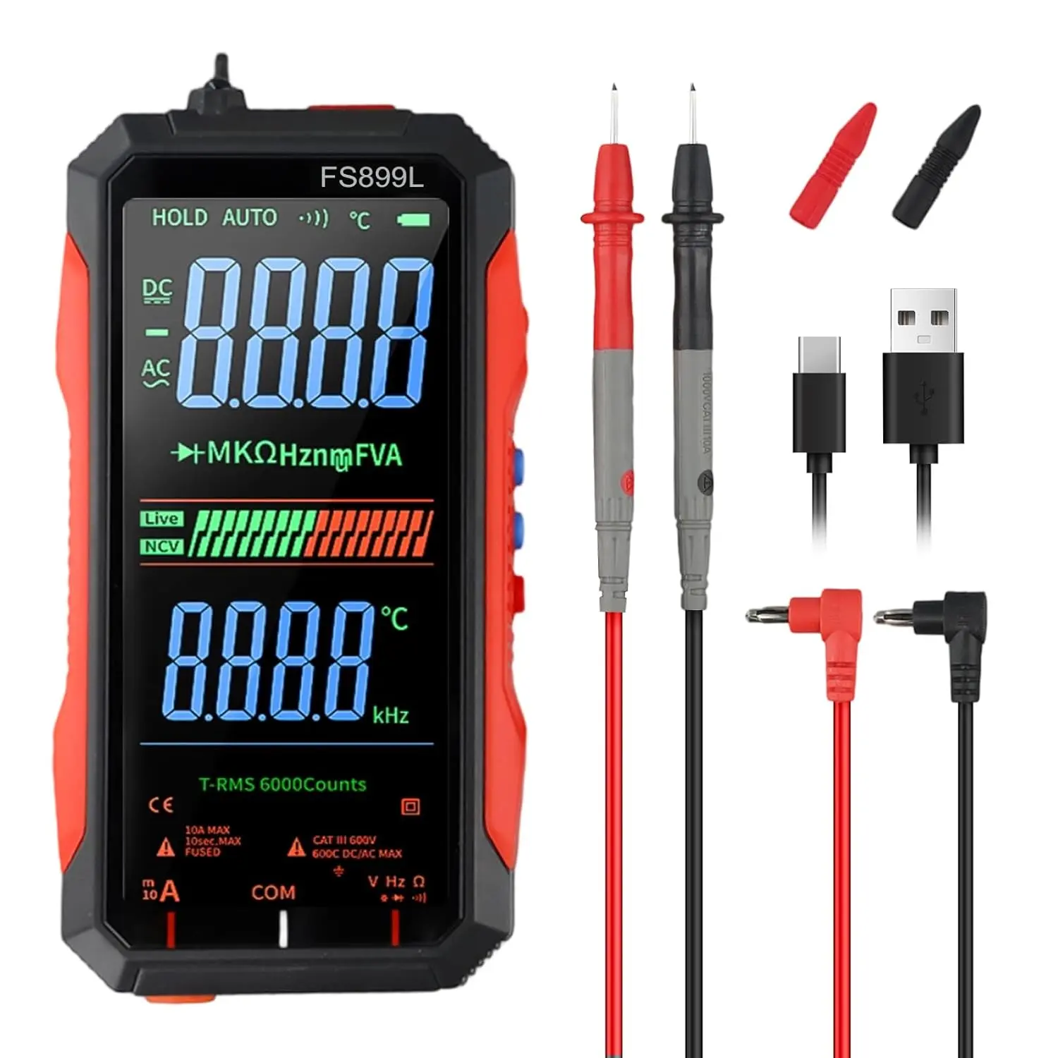 FS899L 6000-Count True RMS Digital Multimeter with Color Screen, USB C Rechargeable, AC/DC Voltage Testing, NCV, Capacitance Detection for Car, Home Electrical Maintenance