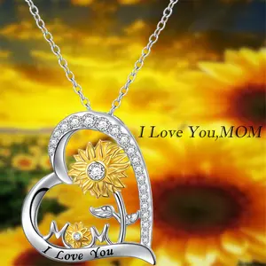 1Pc Elegant Heart Shape Sunflower "MOM" Pendant Necklace for Women Charm Mother Jewelry Mother's Day Gift