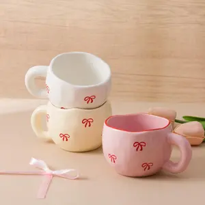 Bow Pattern Ceramic Coffee Cup, 1 Count Cute Coffee Mug, Tea Cup, Milk Cup, Drinking Cup for Home Office, Gift for Friend & Family, Drinkware, Coffee Cups Gift