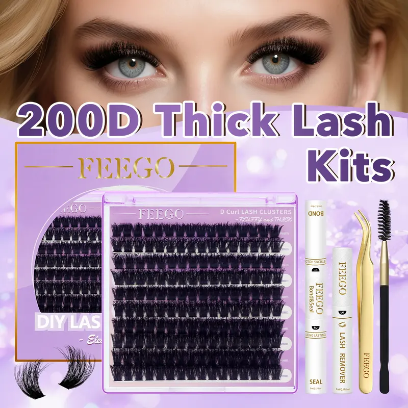 FEEGO 200D Volume Lash Extension Kit, DIY Dramatic Lashes Set with Bond & Seal, 10-20mm D Curl Fluffy Eyelash Clusters for Fuller Eyes (False Eyelashes & Adhesives)