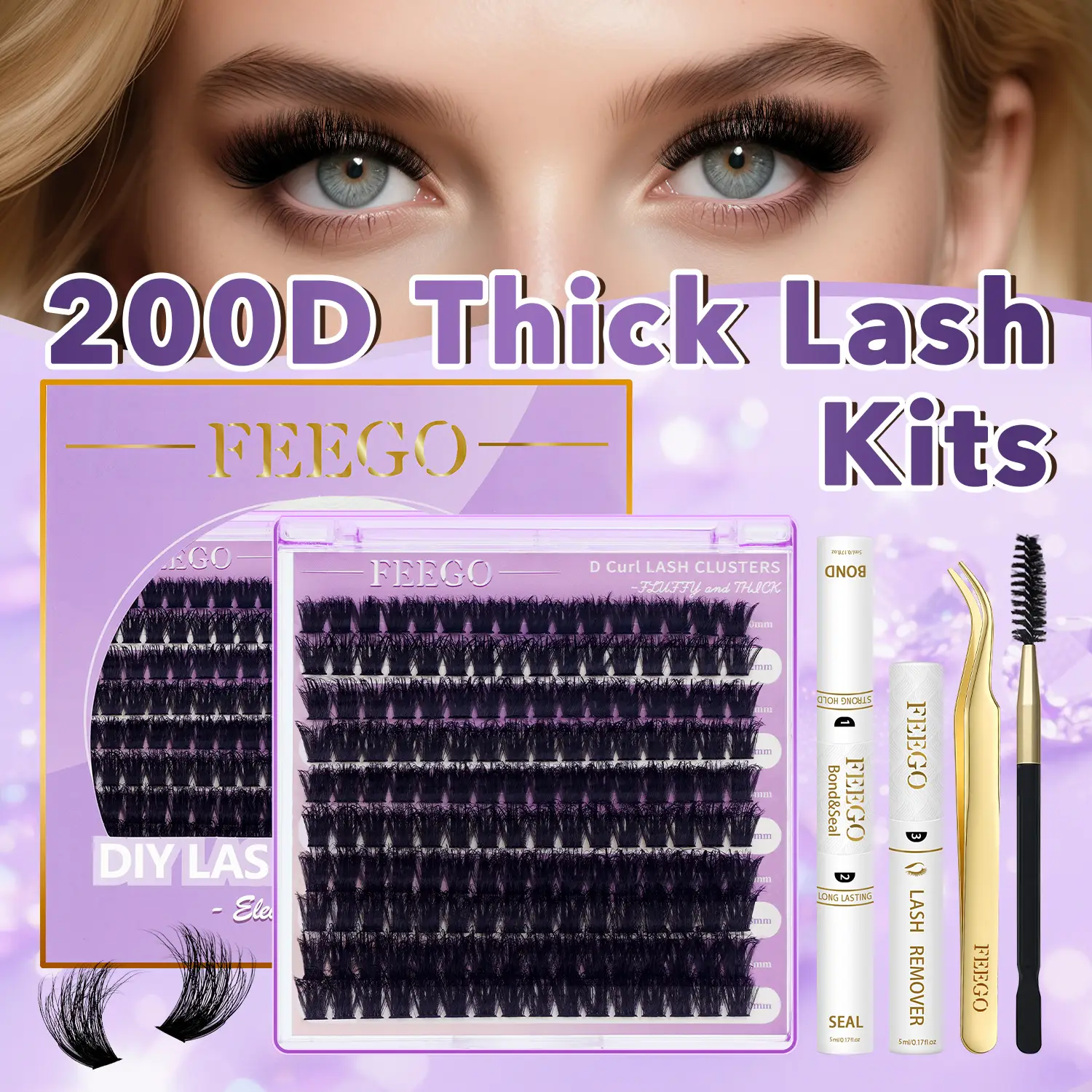 FEEGO 200D Lashes Extension Kit Thick Eyelash Extension Kit 1020mm Lash Clusters Individual Eyelashes Kit With Lash Bond and Seal D Curl Cluster Eyel