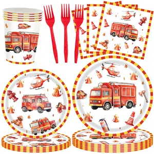 Fire Truck Theme Birthday Decoration Set, Fire Truck Plates Napkins Forks Party Supplies, Fits 20 Guests, Firefighter Birthday Decorations