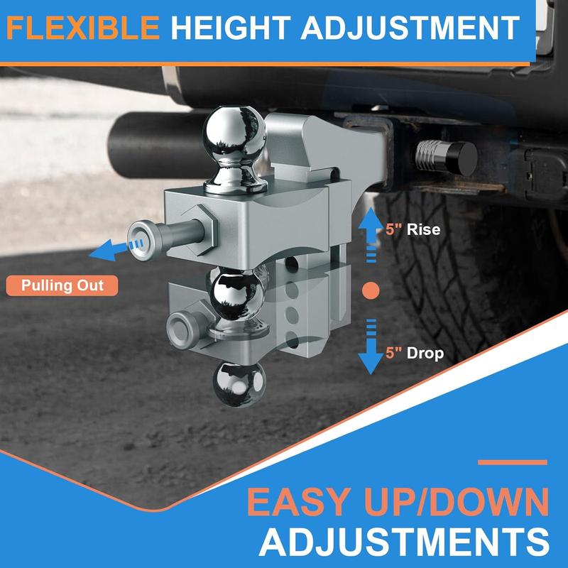 Adjustable Trailer Hitch, Drop Hitch Fits 2 Inch Receiver, GTW 21,500 LBS Aluminum Tow Hitches Dual Ball (2" x 2-5/16"), Heavy Duty Truck Hitch Ball Mount (5 Inch Drop Hitch)