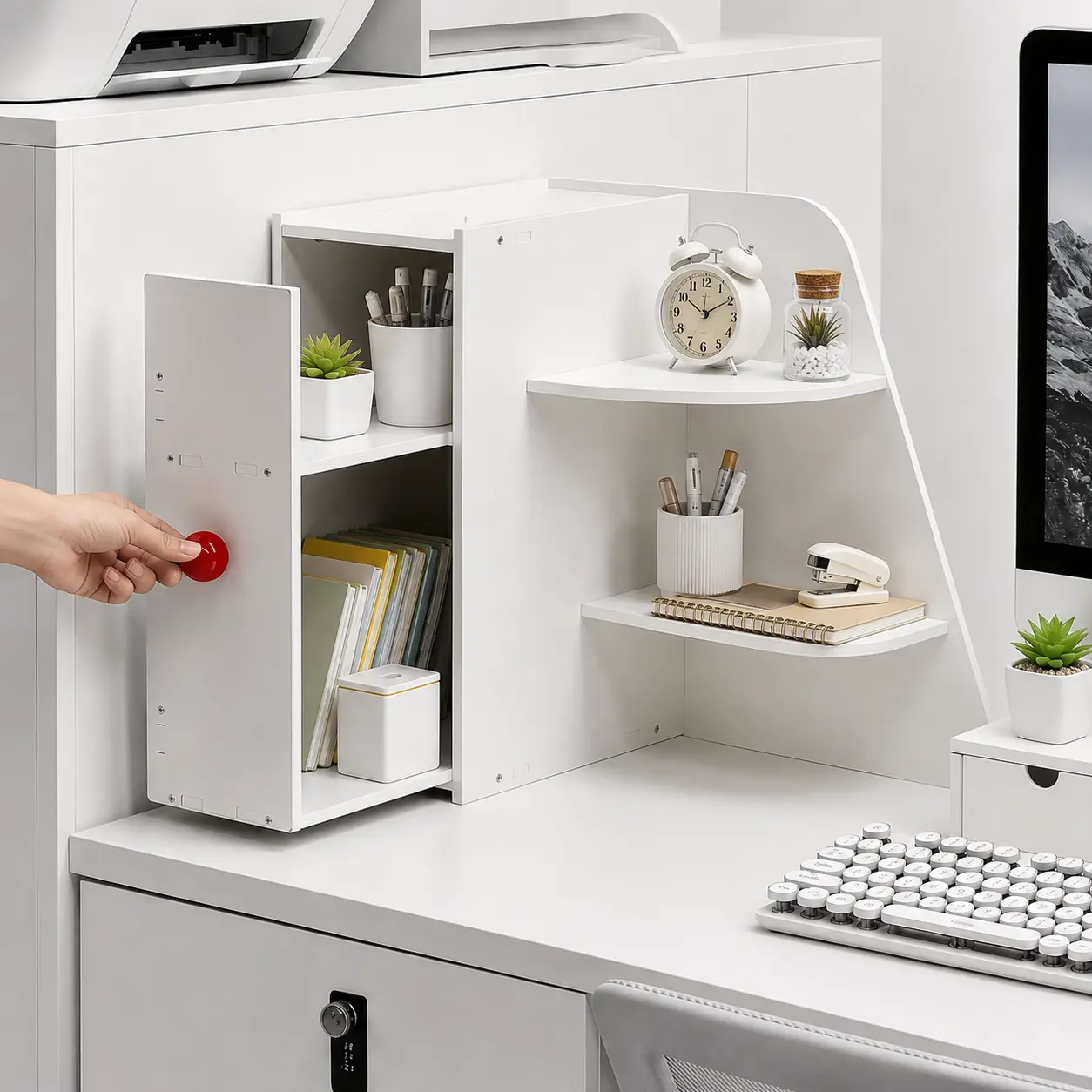White Corner Desk Organizer with Cabinet and 2 Shelves, Space-Saving Desktop Storage Rack for Office Supplies, Books, Dorm and Home Office