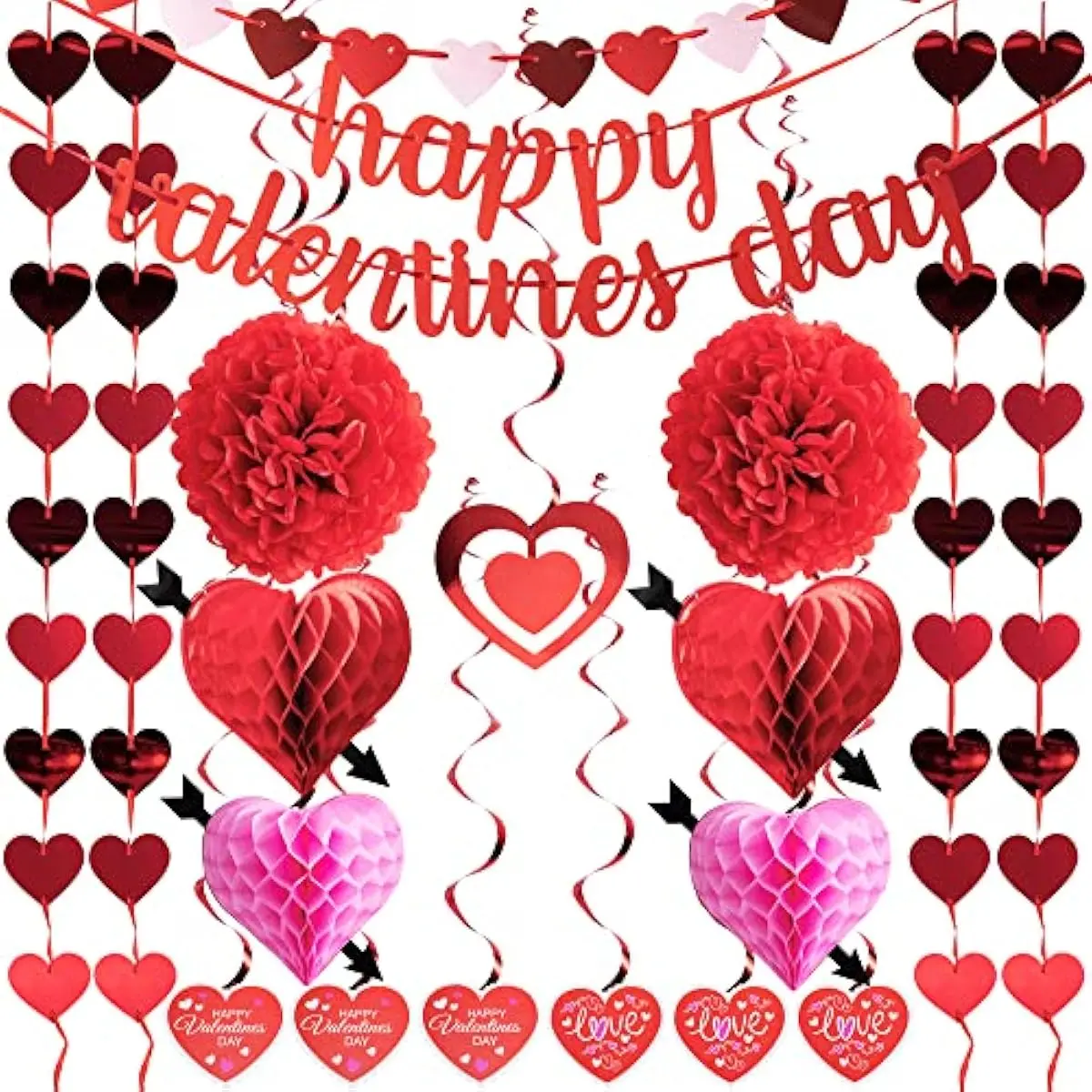 20 Packs Valentines Day Swirl String Cutout with Garland , Party Decoration Kit with Banner, Cutouts Swirls Garland, Tissue Fans &Poms for Valentines Party Supplies, Decor Wedding Anniversary