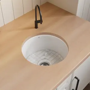 18 Inch Round White Kitchen Sink Undermount, Los Flexi Drop In Fireclay Round Kitchen Sink Dual Mount 18.5″L×18.5″W, Compact Single Bowl Wet Bar Sink With Stainless Steel Bottom Grid And Drain Strainer