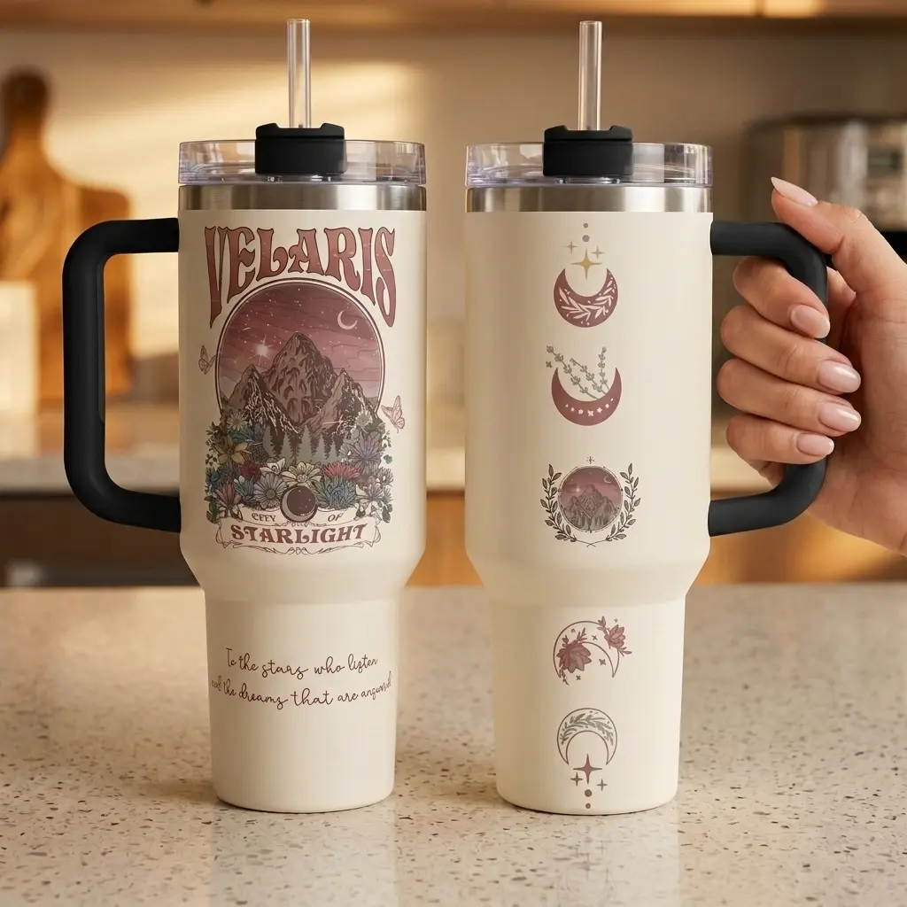 ACOTAR Velaris V3 Tumbler 40oz Handle Stainless Steel Tumbler 40oz, City of StarsLight, A Court of Thorns and Roses, Velaris The City