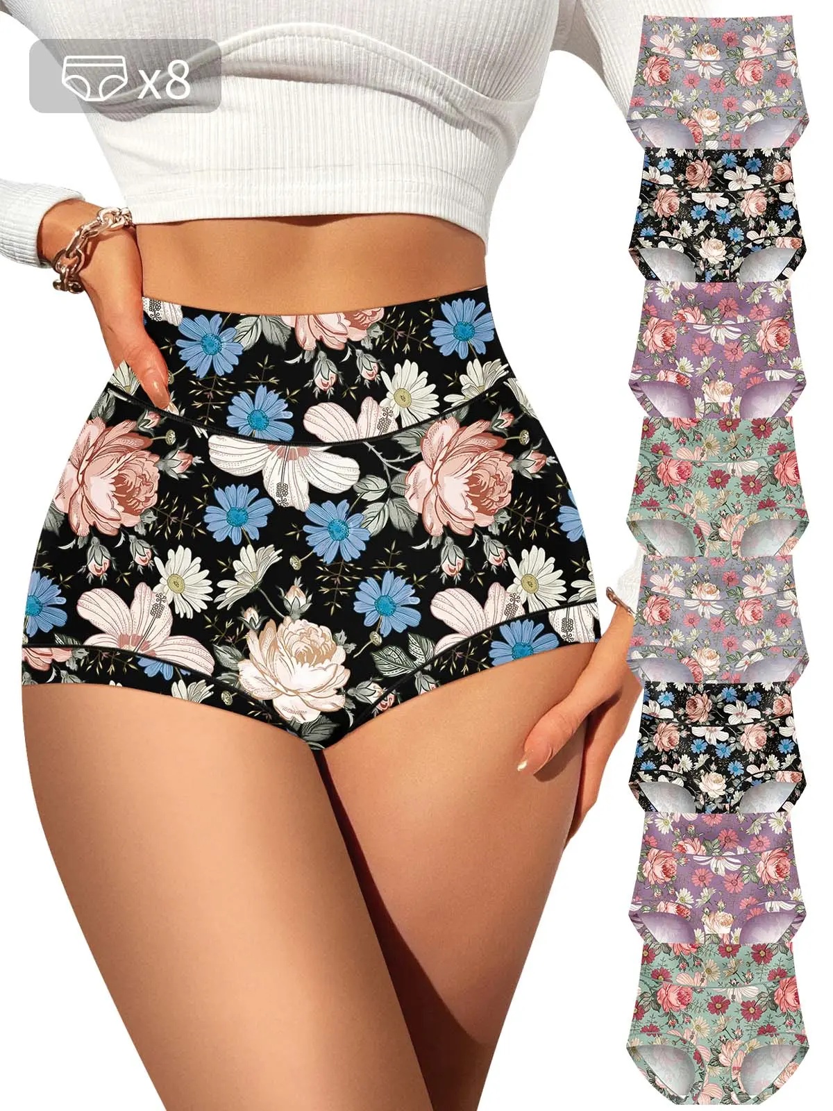 8pcs High-Waisted flower power panties,Tummy Control Underwear,Comfy Soft Breathable  for Women,Daily Wear All Seasons,comfort first lingerie,mothersdaygift.