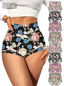 8pcs High-Waisted flower power panties,Tummy Control Underwear,Comfy Soft Breathable  for Women,Daily Wear All Seasons,comfort first lingerie.