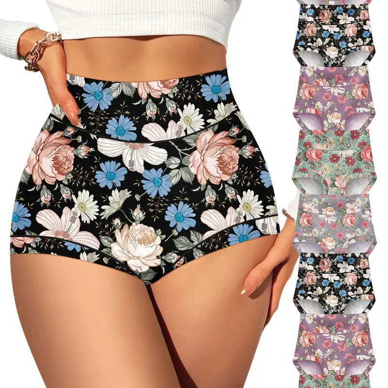 Morelect Women's 8-Pc High-Rise Briefs Set - Elegant Floral Print Slimming Tummy Control Elegant Underwear, Soft Comfy Panty, Moisturewick Breathable Sleek Panties, All-Season Daily Wear, Mother's Day Gift