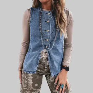 Ashleigh Blue Buttoned Front Slit Denim Vest - Classic Denim Fabric with Sleek Slit Detail for Modern Edge - Womenswear