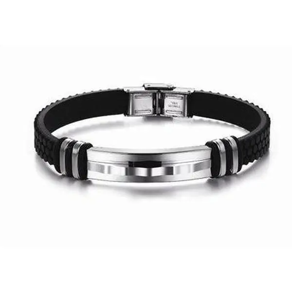 Mens Black Silicone & Stainless Steel Bracelet - 8.66 Inches