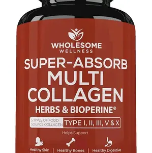 Super-Absorb Multi Collagen Pills (Type I II III V X) Organic Herbs and Bioperine - Hair, Skin, Nails, Joints - Hydrolyzed Collagen Peptides Protein Supplement for Women Men (90 Capsules)
