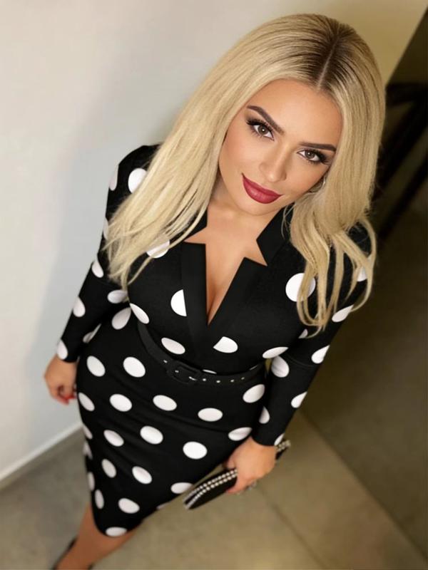 Women's Polka Dot Mid-Length Knit Dress, V Neck, Long Sleeve, Belted, Elegant Bodycon Party Style, Fall Winter, Wedding Season