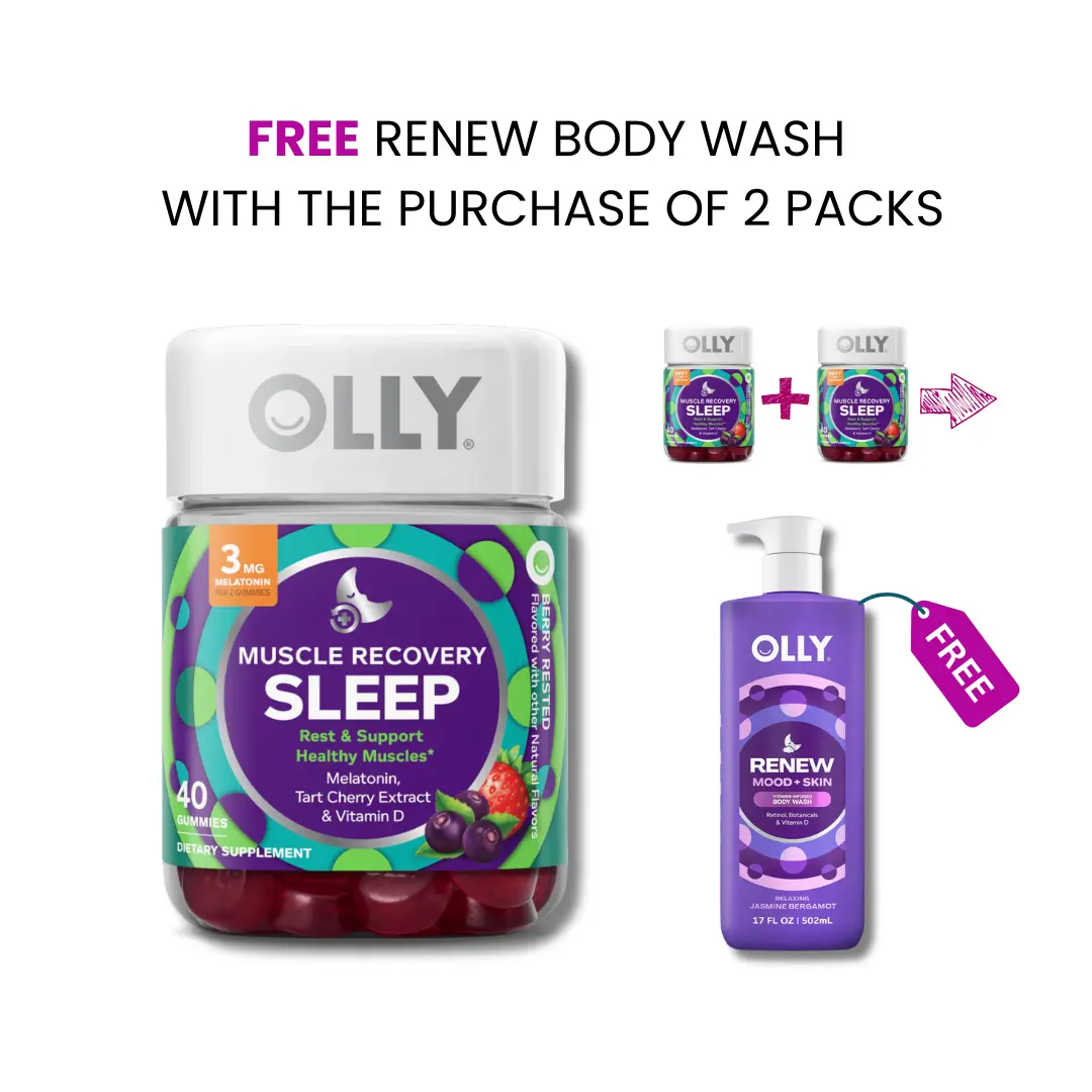OLLY Muscle Recovery Sleep Gummies, Sleep and Sore Muscle Support, 3mg Melatonin, Tart Cherry, Vitamin D, Berry Flavor - 40 Count