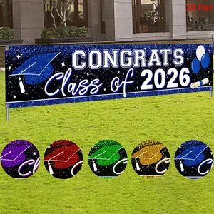 Large Congratulations Graduation Banner 2026, Blue Gold, Indoor Outdoor Party Decorations, 2026 Graduation Background Cloth