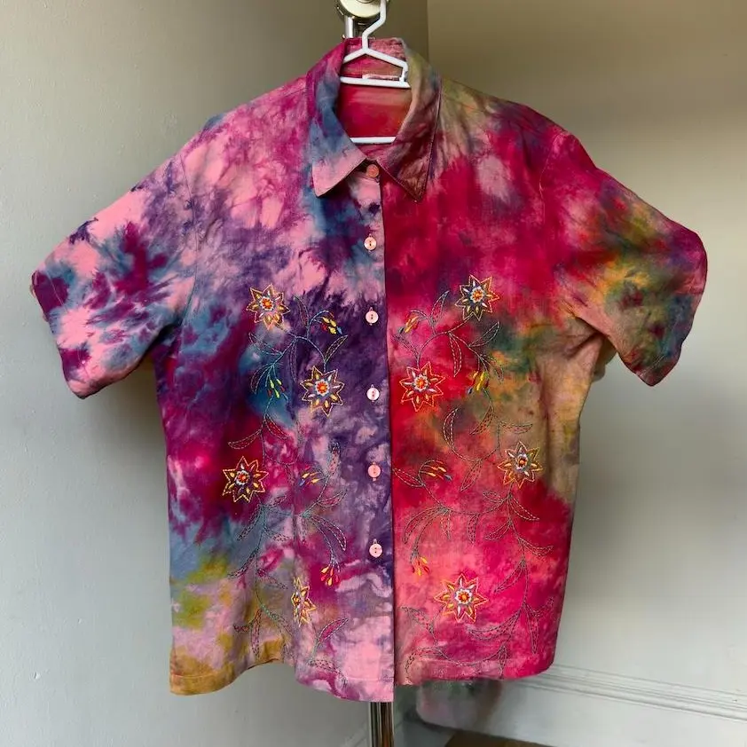 Women’s 1X Galaxy rainbow shirt button up short sleeve Linen blouse collared floral embroidered top