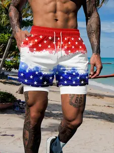 Men's Summer Double-Layer Anti-Exposure Beach Shorts, Usa Flag Print, Quick-Dry, Loose Fit, Elastic Waist, Breathable, Casual Swim Trunks