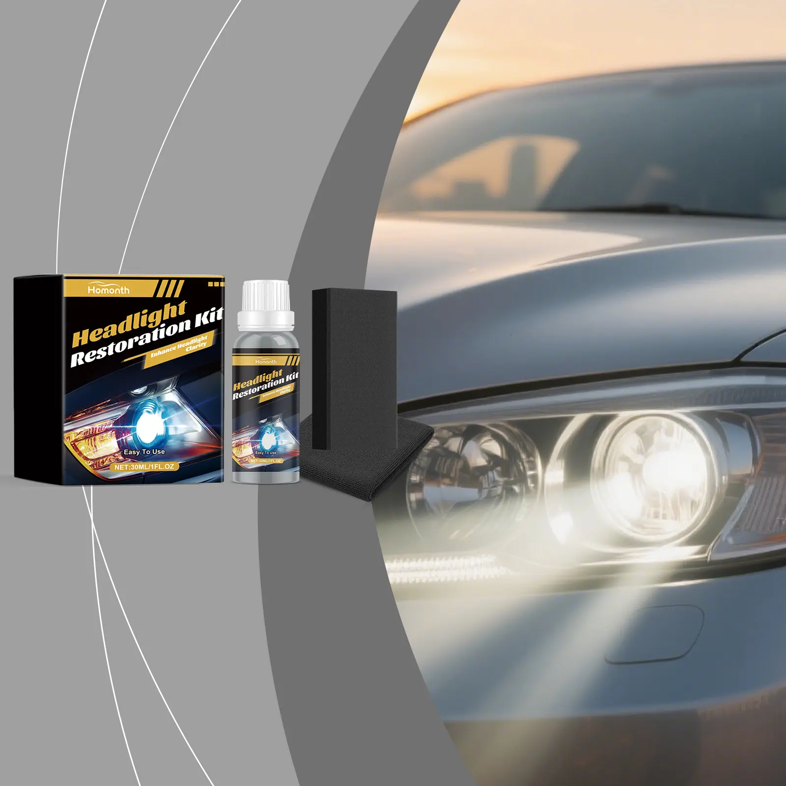 Homonth Car Headlight Renewal Kit, Automotive Lens Polishing & Scratch Repair Care Set, Effectively Restore Foggy, Cloudy Headlight Surfaces