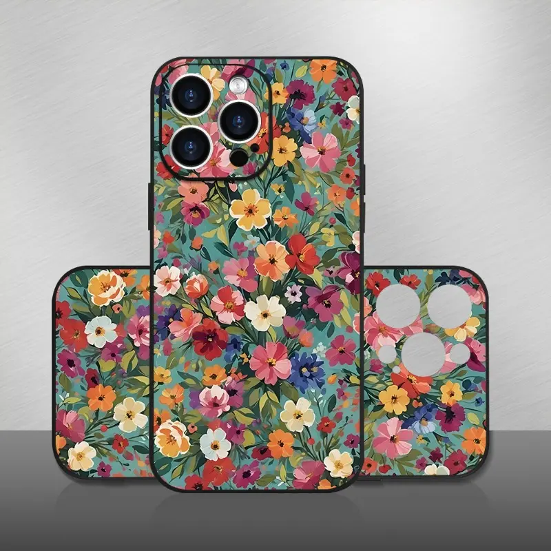 Straight Edge Oil Paint Flower Pattern Case for iPhone 17 16 15 14 Pro Max 13 12 11 XR XS Plus Shockproof Non Slip Military-Grade Protection Silicone Cover