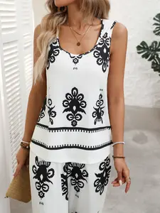 Summer Style Vintage Print Sleeveless Top + High Waist Wide Leg Pants Two-Piece Set for Women, Casual Loose Fashion Ensemble