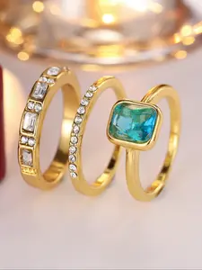 Luxurious and glamorous aquamarine synthetic zirconia gold coloured geometric women's ring set Women's Trendy Versatile Jewellery Perfect Birthday Gift