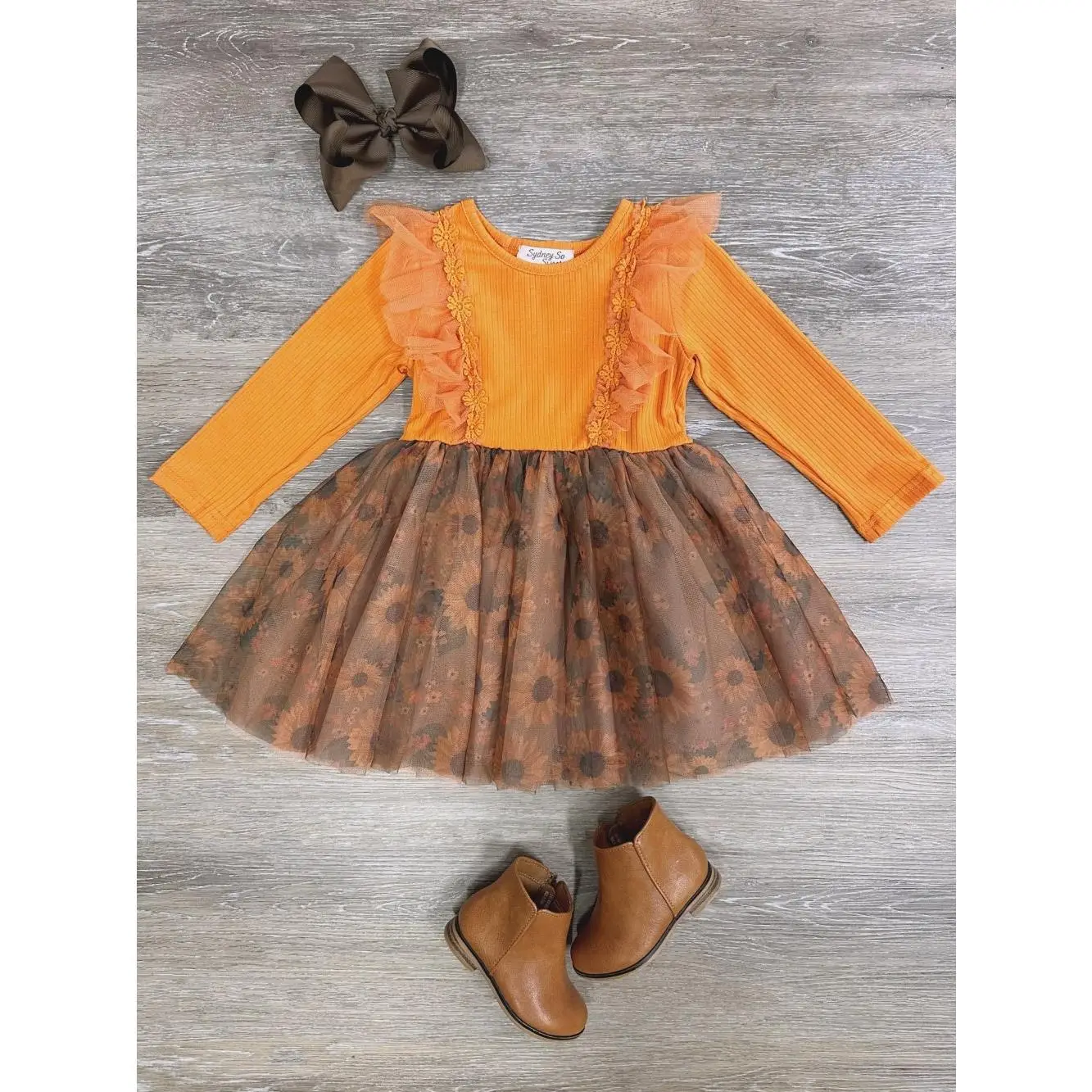SYDNEY SO SWEET Sunflower Chiffon Girls Long Sleeve Tulle Tutu Skirted Fall Floral Flower Dress for Toddlers Cotton Poly Blend Machine Washable