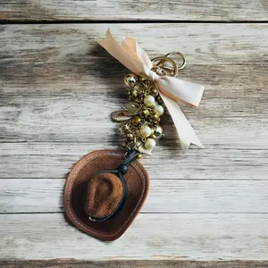 Cowboy Hat Keychain with Pearl Beads and Ribbon Decoration Unique Accessory for Keys