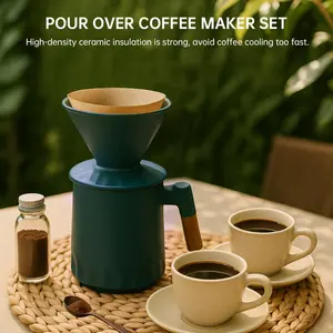 Pour Over Coffee Maker Set, Ceramic Pour Over Coffee Dripper 15.5oz/450 ml with 25 pcs Size Paper Filter, Drip Coffee Pour Over for Camping, Green