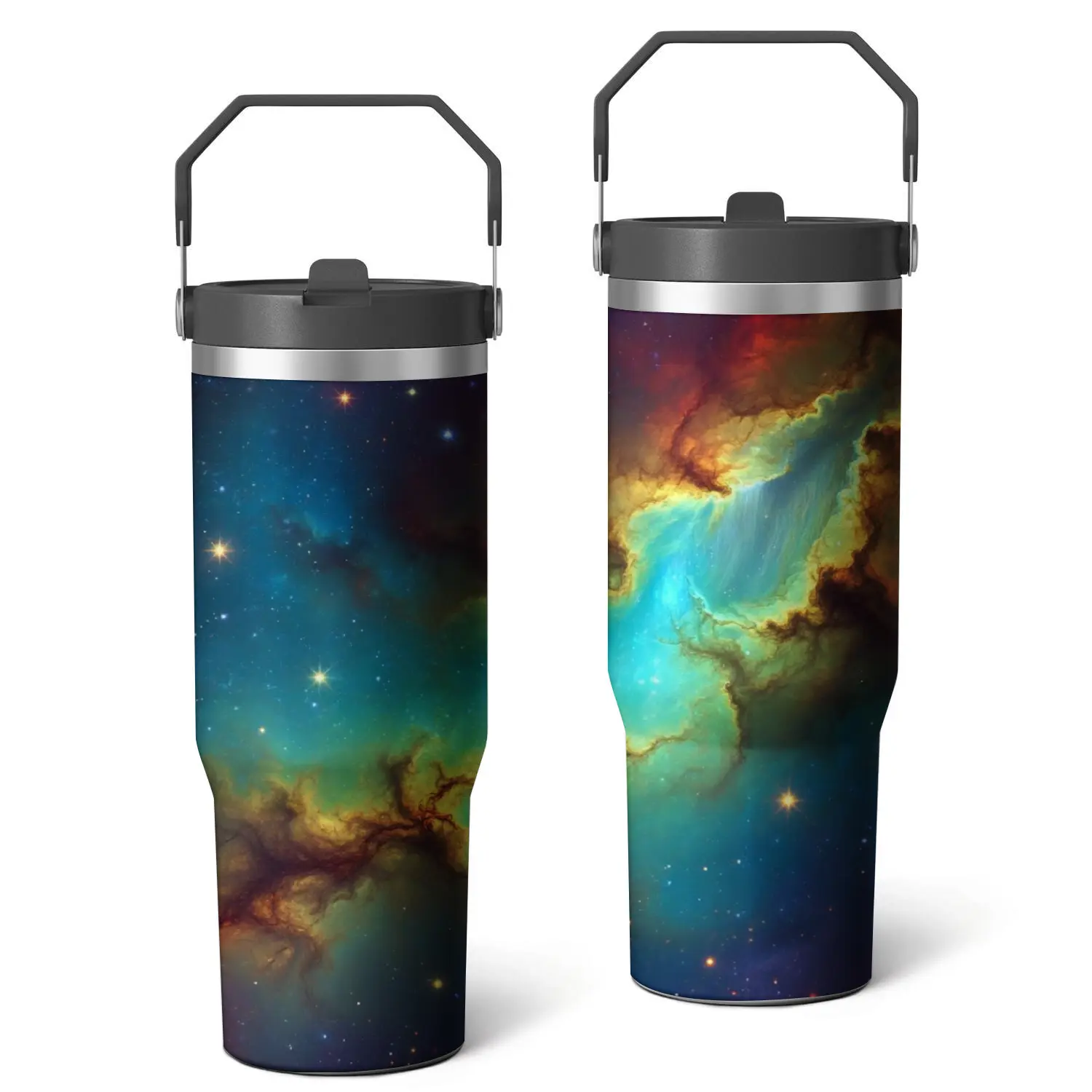 Stainless Steel Travel Tumbler - Black Lid with Cosmic Nebula Print - Galaxy Space Design for Outdoor, Coffee, and Everyday Use