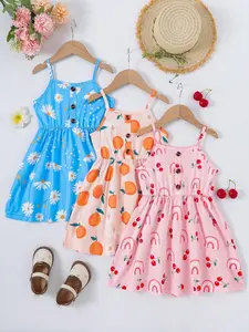 Young Girls Sleeveless Cartoon Fruit Sakura Flower Print Patchwork Casual Floral Pattern Dress Set, 3 Piece Summer