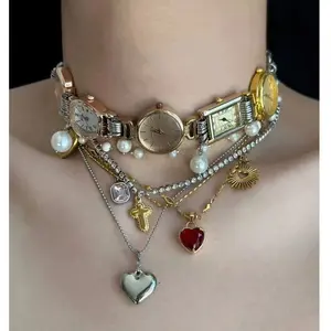 Vintage Punk Multi-Watch Case Choker Necklace, Handmade 2-Tone Gold-Silver Layered Y2K Statement Piece with Pearl, Heart & Rhinestone Accents