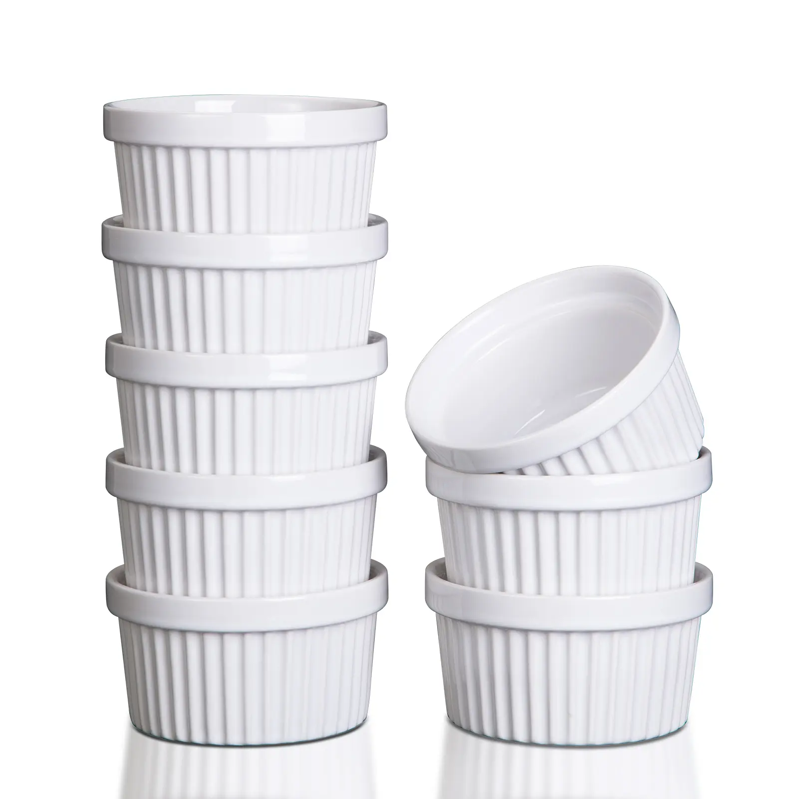 Set of 8 Ceramic Ramekins – 8 oz, Oven Safe – For Creme Brulee, Souffle, Dipping Sauces, Pudding – Dishwasher & Freezer Safe – Classic Blue & White Bowls
