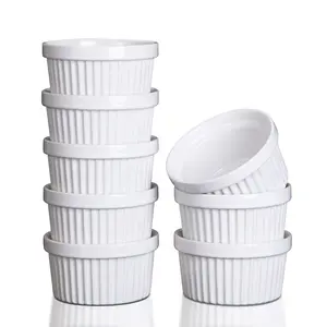 Set of 8 Ceramic Ramekins – 8 oz, Oven Safe – For Creme Brulee, Souffle, Dipping Sauces, Pudding – Dishwasher & Freezer Safe – Classic Blue & White Bowls