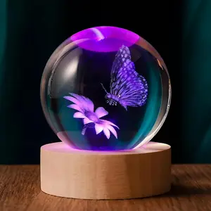 3D Butterfly 60mm Crystal Ball Butterfly Figurine Night Light Lamp Gifts for Women Wife Girlfriend Couple Her，Figurine Gifts for Women Mom Butterfly Statue Home Decor on Mother's Day,Birthday,Valentine's Day,Christmas Color Changing Led