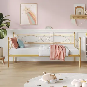 Twin Size,Metal Day Bed Trundle Bed Twin with Stylish Headboard and Premium Steel Slat Support,Multifunctional Twin Daybed Trundle Bed Frame for Bedroom,Living Room,Guest Room - Gold
