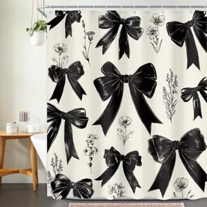 Bow & Flower Pattern Shower Curtain, 1 Count Modern Bathroom Curtain with 12 Hooks, Bathroom Decor Supplies for Home Hotel Salon Dormitory