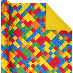 Reversible Building Blocks Wrapping Paper for Boys Girls - 17 Inch X 33 Ft - Colorful Building Bricks Design  Wrap Paper for  Birthday Party  Lovers