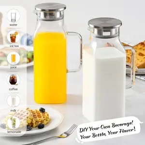 2 Liters Square Glass Pitcher with Lid And Handle for Fridge, Iced Tea And Coffee Carafe Beverage Serveware, Heat Resistant Borosilicate Water Jug for Hot/Cold Drinks And Milk, Beverage Dispenser, Kitchen Storage